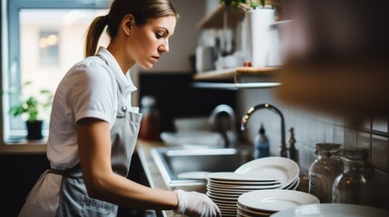 Domestic Duties: Intimate Close-up of a Woman Washing Dishes - obrazy, fototapety, plakaty