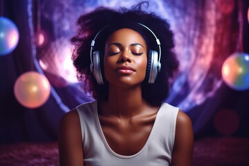 Sound Therapy uses sound, music and specialist instruments played in therapeutic ways, combined with deep self-reflection techniques. African America black young woman in headset