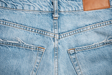 Back of light blue jeans close-up. Trendy casual wear.