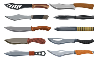 Military hunting knives. Combat weapon blades, model types. Trapper sword and hunter knife blades....