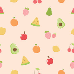 Fruits pattern vector illustration. Fruits seamless pattern and texture background design. Repeat pattern and decoration. Apple, lemon, avocado, strawberry, watermelon, orange, cherry and pear.
