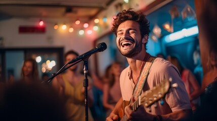 Singer Pouring His Heart Out in a Bar Performance - obrazy, fototapety, plakaty