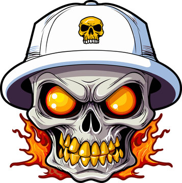 Funny Cartoon Skull Character In Hat And Flames, Vector