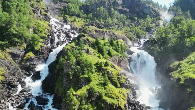 Latefossen Waterfall Cascade in Granvin, Odda, Norway, Scandinavia - Pedestal Up