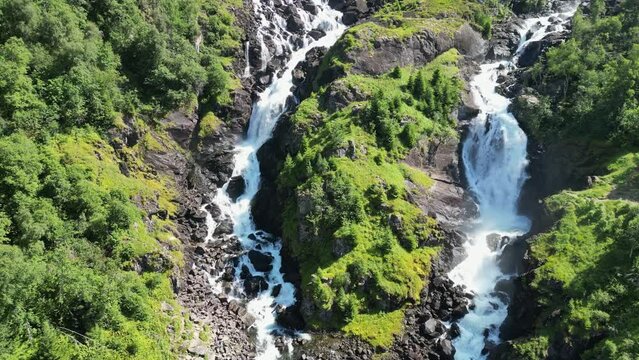Latefossen Waterfall Cascade in Granvin, Odda, Norway, Scandinavia - Aerial
