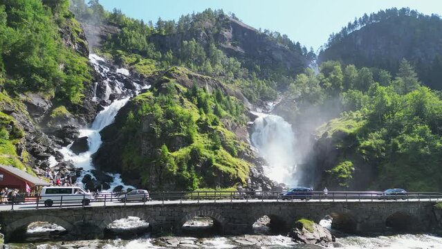 Latefossen Waterfall Cascade - Natural Tourist Attraction in Granvin, Odda, Norway, Scandinavia
