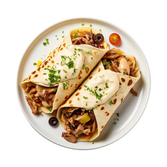 Shawarma with cheese olives on a plate isolated on transparent background Remove png, Clipping Path