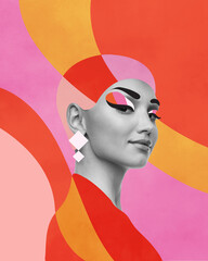 Contemporary art collage. Abstract woman face in modern design. Feminine abstraction poster in colorful palette.