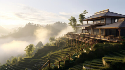 Fototapeta na wymiar Homester house modern design, minimal, located on the mountain, rice terraces Vietnam