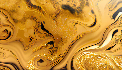 Gold fluid art marbling paint textured background.