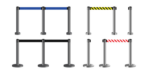 Portable Retractable Belt Barriers. Realistic black, blue, yellow and red retractable ribbon barrier. Crowd control barrier posts with Fillable strap. Queue Barriers for Crowd Control. Vector.