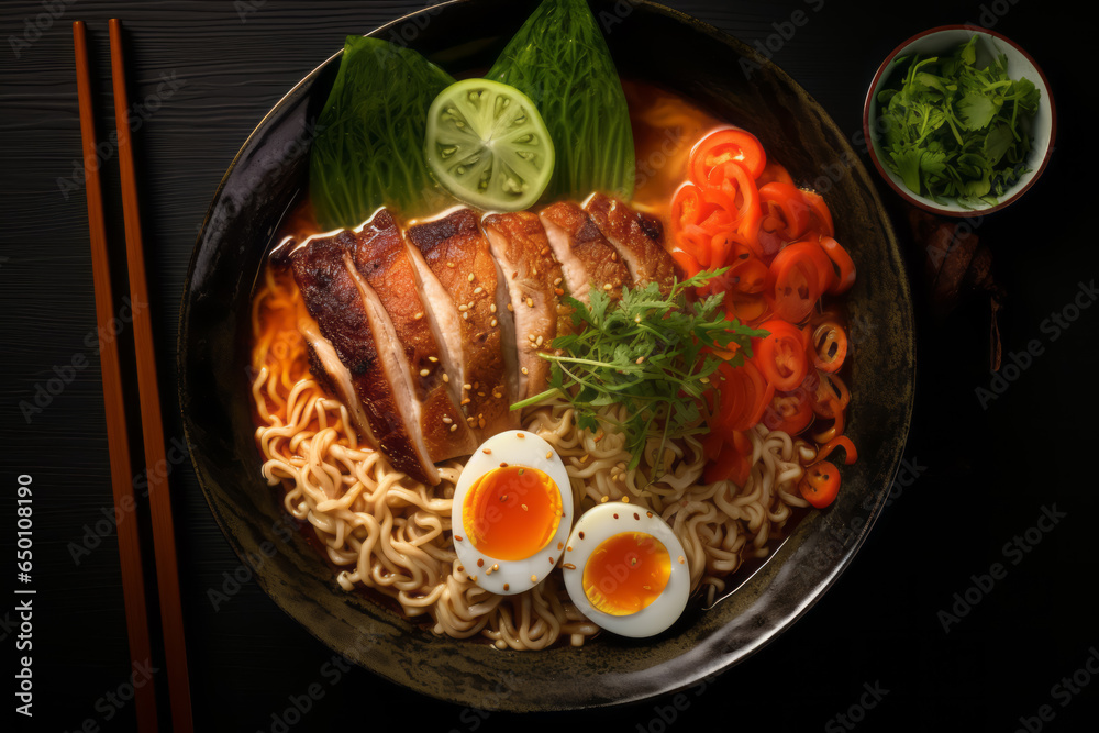 Wall mural Mouthwatering Japanese Cuisine with Flavorful Broth, Noodles, and Assorted Toppings