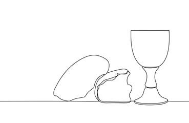 Freehand drawing with one continuous line. Cup of wine and bread for the Lord's supper