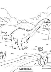 Diplodocus Dinosaur line art for coloring page vector illustration