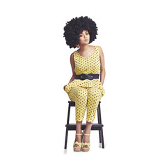 Portrait, retro fashion or woman on chair in cool outfit in casual style isolated on png transparent background. Girl, disco or biracial afro person with confidence, vintage or 70s funky clothes