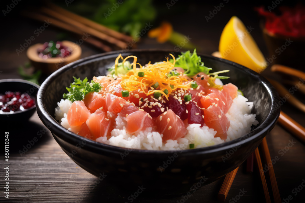 Wall mural Hawaiian Cuisine: Mouthwatering Poke Bowl with Raw Fish, Rice, and Savory Sauce