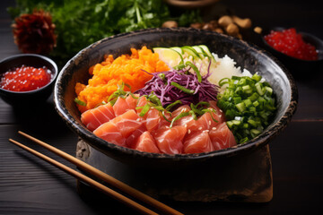 Authentic Poke Bowl with Raw Fish, Rice, and Vibrant Vegetables