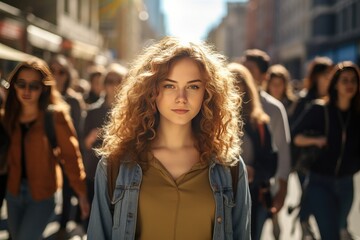 Fototapeta premium Stylish young woman with curly hair radiating happiness while walking around the city on a sunny day.