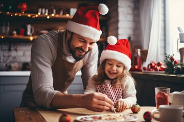 Dad and daughter in Christmas hats spend time together preparing a festive dinner.