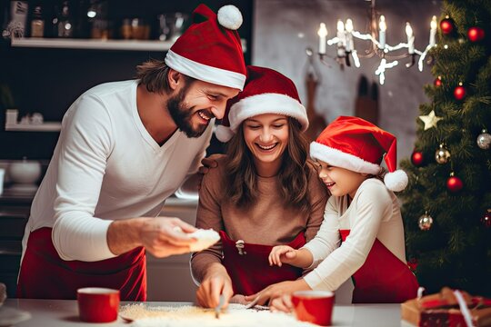 A touching Christmas scene: a joyful family wearing Santa hats gathered in the kitchen to prepare a festive dinner. - Powered by Adobe