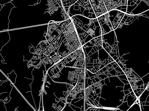 Vector road map of the city of  Gunpo in the South Korea with white roads on a black background.