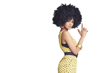 Portrait, woman and fashion with finger by gun in retro, modern or trendy in style for clothes. Black person, model and face on isolated or a transparent png background for pose, beauty and hair