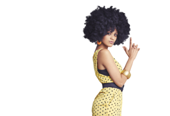 Portrait, woman and fashion with finger by gun in retro, modern or trendy in style for clothes. Black person, model and face on isolated or a transparent png background for pose, beauty and hair