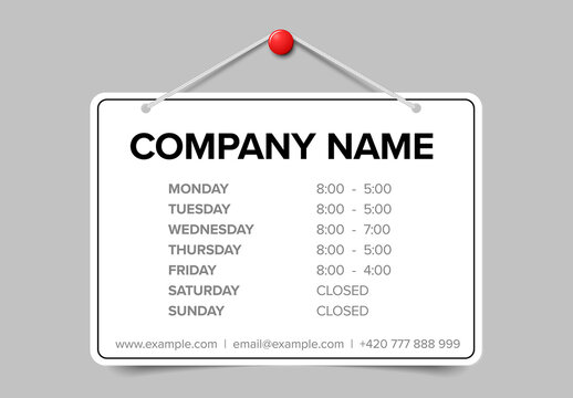 Shop opening time hours vector template on white sign board