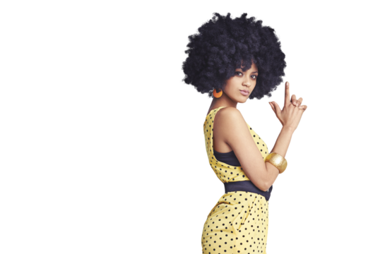 Portrait, woman and fashion with finger by gun in retro, modern or trendy in style for clothes. Black person, model and face on isolated or a transparent png background for pose, beauty and hair