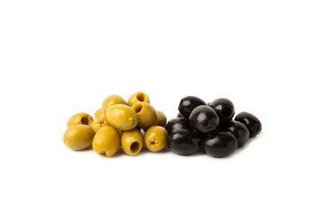 Set of green and black olives isolated on white background. Various types of olives and fresh olive leaves. flat lei. Delicacy. Close-up.