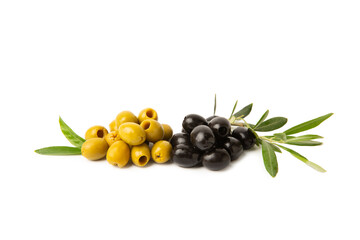 Set of green and black olives isolated on white background. Various types of olives and fresh olive leaves. flat lei. Delicacy. Close-up.