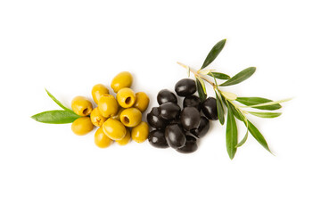 Set of green and black olives isolated on white background. Various types of olives and fresh olive leaves. flat lei. Delicacy. Close-up.
