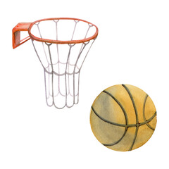 Hand drawn watercolor sports gear equipment, basketball basket and orange ball. Illustration isolated single object on white background. Design poster, print, website, card, shop