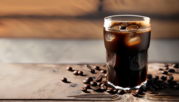 Homemade Black Russian drink with coffee beans on wooden background with copy space.