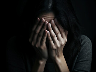 Close-up of a person's hands, cradling their head, amidst a dimly lit room. Their eyes hint at exhaustion, symbolizing the weight of anxiety and depression.