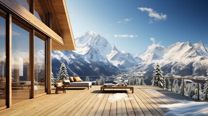 wooden house with beautiful snowy mountains view. - obrazy, fototapety, plakaty