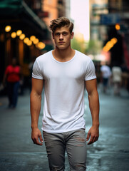 Stylish Male Model Sporting a Classic White Cotton T-Shirt on a Urban Street. T-Shirt mock-up. 
