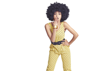 Surprise, retro fashion or portrait of woman in cool outfit in casual style isolated on png transparent background. OMG, wow or shocked afro girl with gossip news, secret or vintage 70s funky clothes