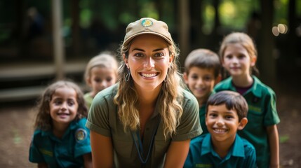 Young Female Camp Counselor Engaging with Kids on Forest Green Background