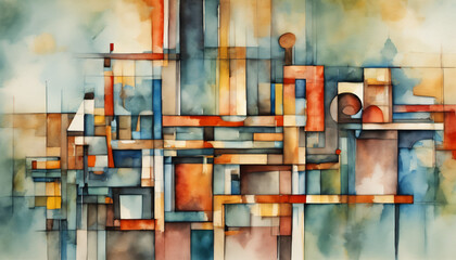 Abstract geometric colourful watercolour painting