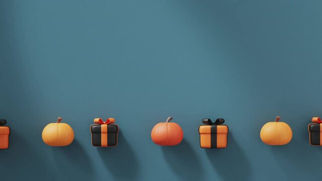 Pumpkins and gift boxes in Halloween colors roll pushing each other. Dark blue background. Autumn holidays, Thanksgiving, Halloween. Seamlessly looped video.