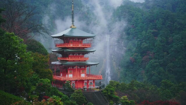 Nachi waterfall with red pagoda, Nachi, Wakayama, Japan. Footage in slow motion