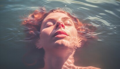 Baptism. Portrait of young woman underwater with her eyes closed and her red hair fluttering in the water