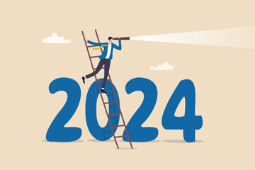 Year 2024 business outlook, forecast or plan ahead, vision for future success, new year goal or achievement, company target or hope concept, businessman climb up on year 2024 to see business outlook. - 650115733