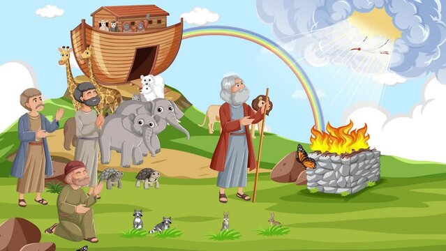 Animation scene of God speaking to Noah after the flood in the biblical story of Noah's Ark.