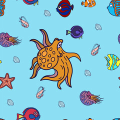 Pattern with sea animals. Vector flat background. Seamless pattern. Creative design with sea animals. Funny illustration for textile and fabric. Fashion style. Colorful picture. Vector image. Textile 