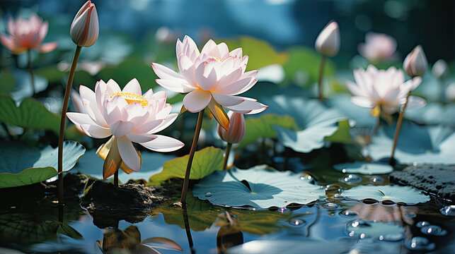 lit. lotus flowers fill the pond.