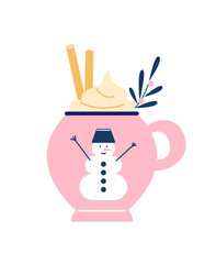 Pink mug with hot drink and cinnamon. Christmas and New year season. Winter beverage. Coffee, chocolate, marshmallow, cocoa.  Retro vintage nostalgia.