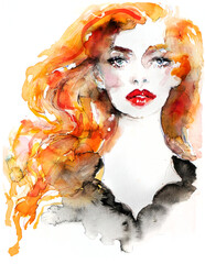 Beautiful woman portrait. Red hair and red lips. Fashion illustration. Hand painted watercolor drawing. 