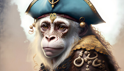 Obraz premium Portrait of a monkey pirate. Medieval pirate monkey in a vintage costume.